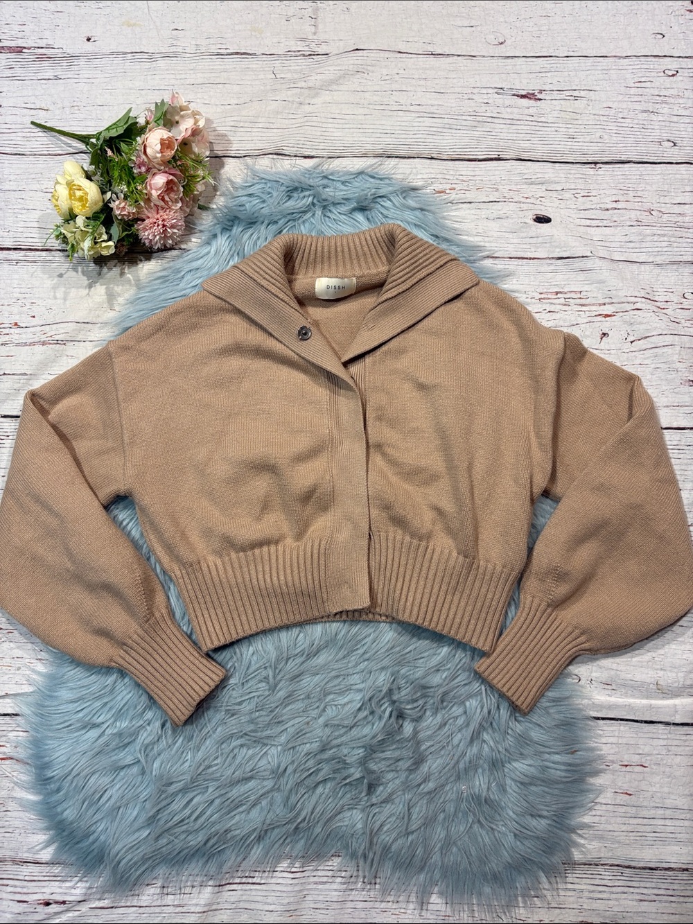 DISSH Camel Wheat Knit Cropped Snap Cardigan Jacket